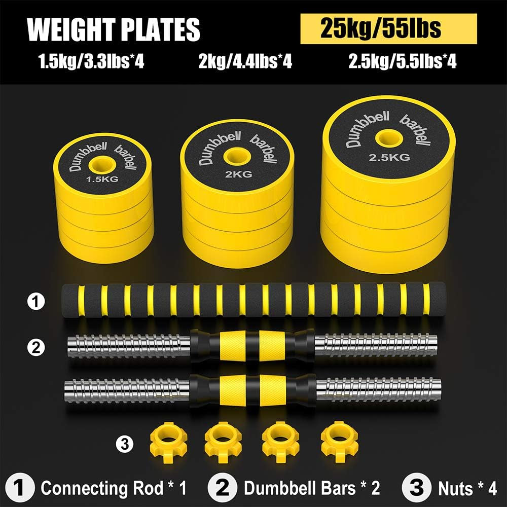 Adjustable 2-in-1 Dumbbell and Barbell Set with Non-Slip Grip for Home, Gym, and Office - 55LB Barbell or 27.5LB Dumbbell Pair