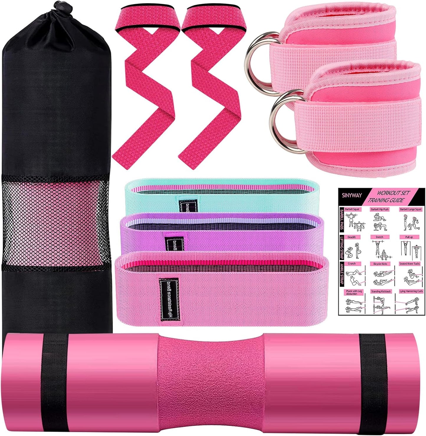 Barbell Pad Set, 9Pcs Barbell Squat Pad for Women Hip Thrusts, Lunges, Leg Day with 2 Gym Ankle Straps, 3 Hip Resistance Bands, 2 Lifting Strap, Carry Bag Barbell Pad