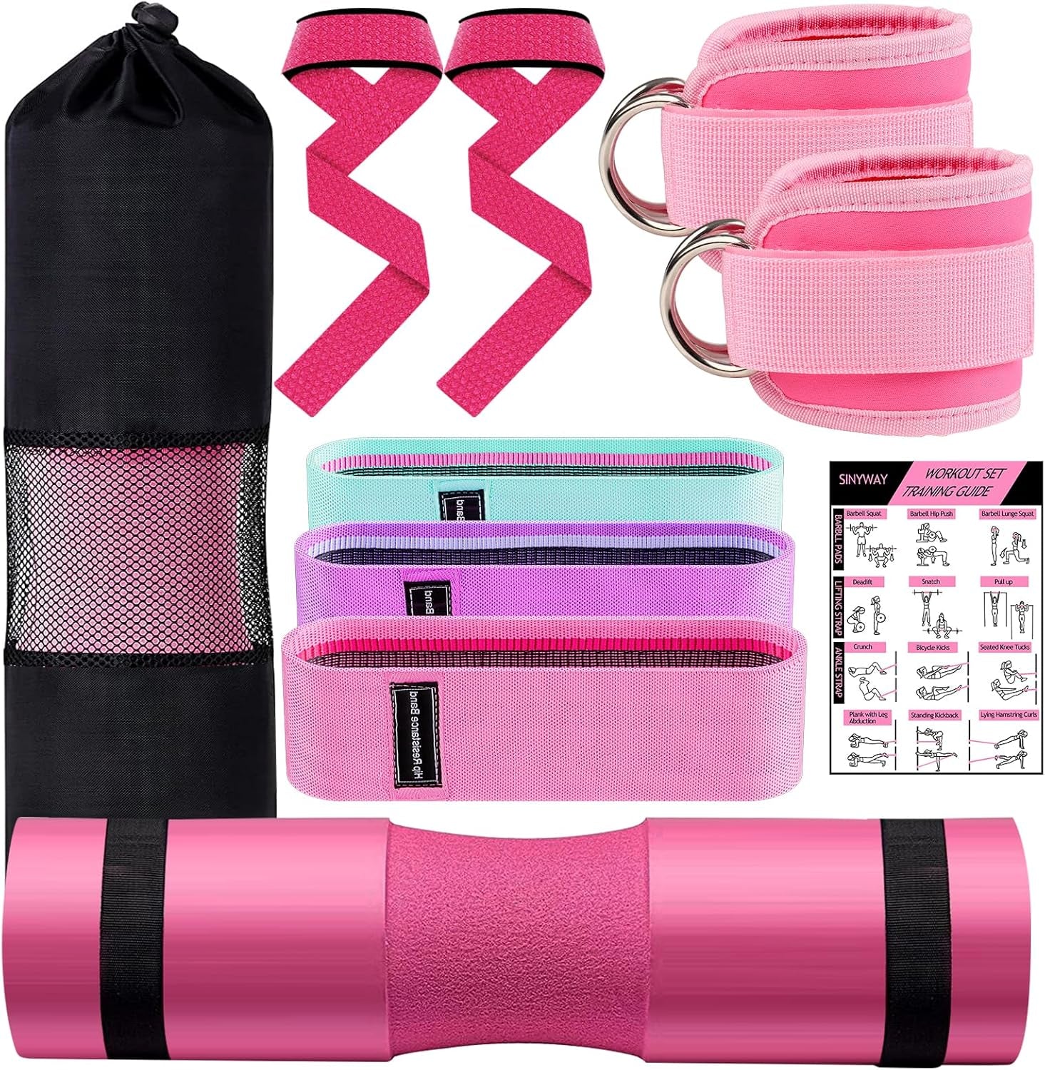 Barbell Pad Set, 9Pcs Barbell Squat Pad for Women Hip Thrusts, Lunges, Leg Day with 2 Gym Ankle Straps, 3 Hip Resistance Bands, 2 Lifting Strap, Carry Bag Barbell Pad