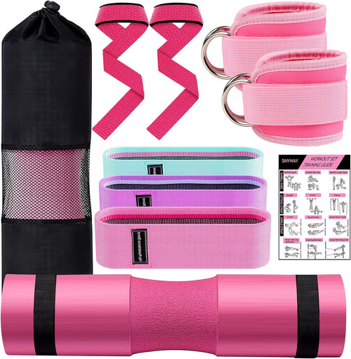 Barbell Pad Set, 9Pcs Barbell Squat Pad for Women Hip Thrusts, Lunges, Leg Day with 2 Gym Ankle Straps, 3 Hip Resistance Bands, 2 Lifting Strap, Carry Bag Barbell Pad