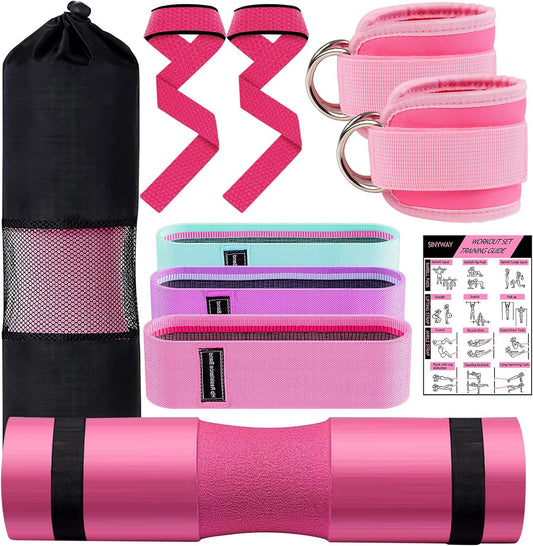 Barbell Pad Set, 9Pcs Barbell Squat Pad for Women Hip Thrusts, Lunges, Leg Day with 2 Gym Ankle Straps, 3 Hip Resistance Bands, 2 Lifting Strap, Carry Bag Barbell Pad