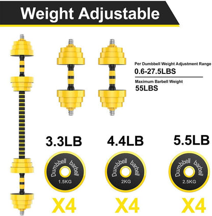 Adjustable 2-in-1 Dumbbell and Barbell Set with Non-Slip Grip for Home, Gym, and Office - 55LB Barbell or 27.5LB Dumbbell Pair